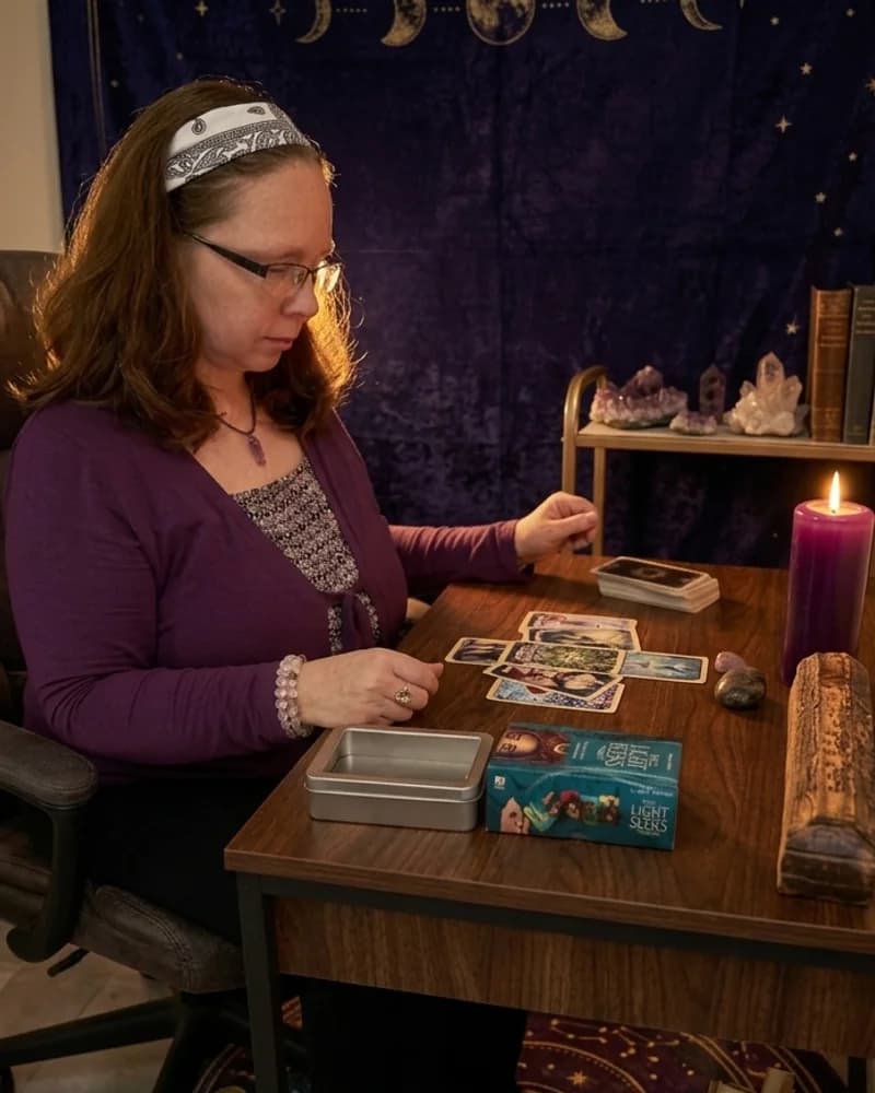 Kelly à sa table de tirage — cartes déposées avec une bougie allumée et des objets rituels